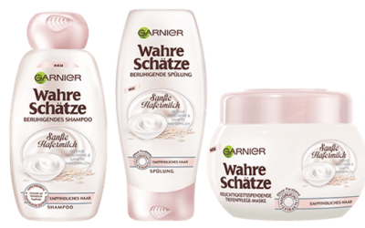 Garnier Wahre Schätze Sanfte Hafermilch & Reiscreme Shampoo, Spülung und Tiefenpflege-Maske