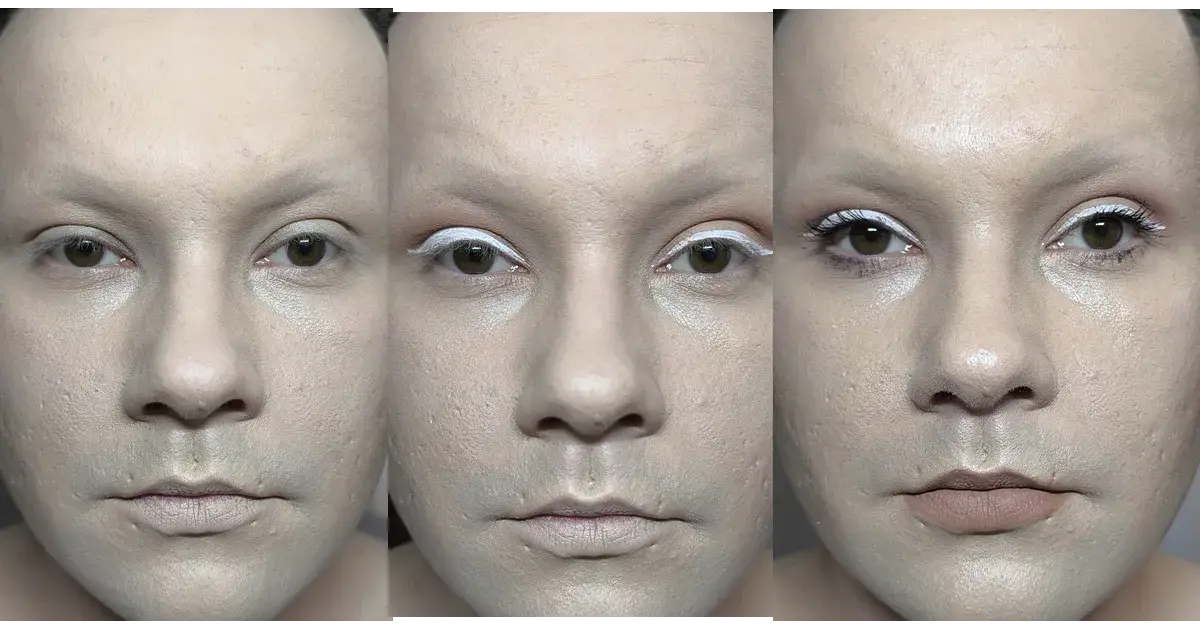 Von links nach rechts: essence Fixierspray auf gepuderter Haut; nach ca. 5 Minuten Trocknungszeit; nach der Anwendung des Garnier Over Makeup UV Sprays.