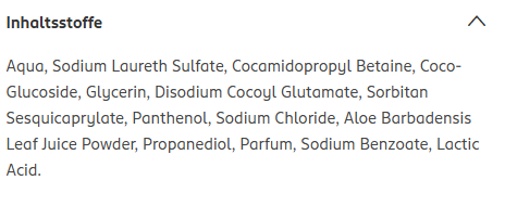 Screenshot Inhaltsstoffe auf Rossmann.de zur Frosch Senses Sensitiv-Dusche Aloe Vera.