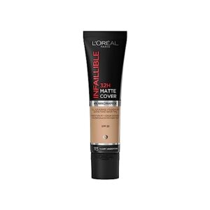 L'Oréal Paris Make up, Wasserfest und langanhaltend, Mattierende, flüssige Foundation mit hoher Deckkraft, Formel mit 4% Niacinamiden, Infaillible 32H Matte Cover, Nr. 115 Warm, 1 x 30 ml