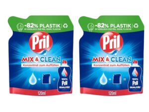 PRIL Mix & Clean Konzentrat zum Auffüllen (2x 120 ml), Handgeschirrspülmittel mit höchster Fettlösekraft, für sauberes Geschirr auch in kaltem Wasser, 82% weniger Plastik
