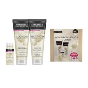 John Frieda Blonde+ Repair System Vorteils-Set - Inhalt: Pre-Shampoo Treatment, 100ml, Shampoo, 250ml, Conditioner, 250ml - Inklusive gratis MegRhythm Augenmaske - Mit Bond Building Plex