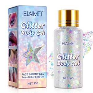 Body Glitter Gel, Glitter Holographic Chunky Gel, Mermaid Sequins Körperglitzer,Glitzer Flüssiger Lidschatten für Gesicht Haare Lippen Nägel Make Up Kosmetik Festival,30g (Weiß)