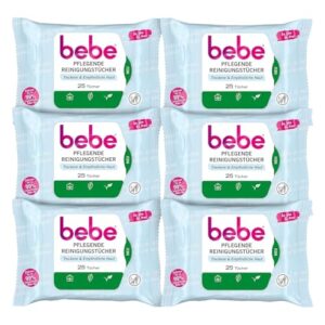 bebe Pflegende Reinigungstücher (6 x 25 Tücher) mit Kokoswasser, besonders milde Abschminktücher aus Fasern 100% pflanzlichen Ursprungs für trockene & empfindliche Haut