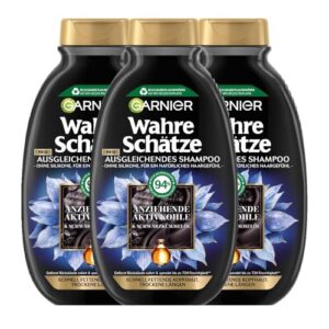 Garnier Ausgleichendes Shampoo, Gegen schnell fettende Kopfhaut und trockene Haarlängen, Mit reinigender Aktivkohle und Schwarzkümmelöl, Wahre Schätze, 3 x 250 ml