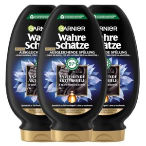 Garnier Ausgleichende Spülung, Gegen schnell fettende Kopfhaut und trockene Haarlängen, Mit reinigender Aktivkohle und Schwarzkümmelöl, Wahre Schätze, 3 x 200 ml