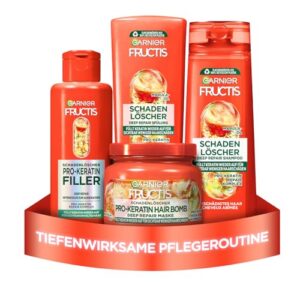 Garnier Fructis Schadenlöscher Haarpflege-Set für geschädigtes Haar, Mit Pro-Keratin & Marulaöl, Shampoo (250 ml), Spülung (200 ml), Deep Repair Haarkur (200 ml), Hair Bomb reparierende Maske (320 ml)